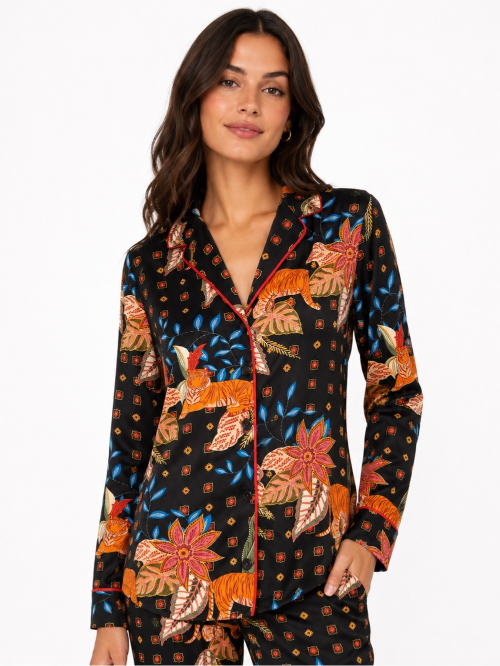 Anthropologie Room Service Tiger Floral Jungle Pajama Top Shirt PJ Large